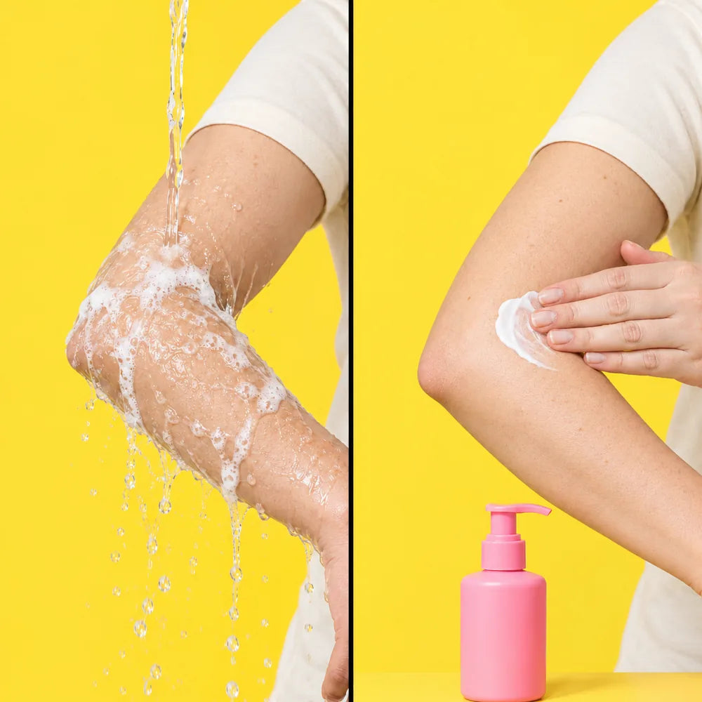 Two panels: water rinsing the lather off an elbow, then moisturiser being rubbed in